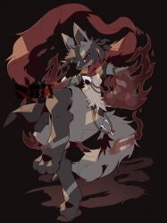  1other aura black_background black_fur blue_fur body_fur bone closed_mouth furry highres looking_at_viewer lucario multicolored_fur pokemon pokemon_(creature) pokemon_focus red_aura red_eyes red_scarf rushin scarf snout solo spikes tail yellow_fur 