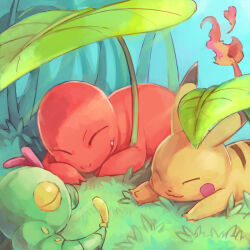  caterpie charmander closed_eyes commentary_request fang fire flame-tipped_tail grass leaf_umbrella no_humans nostrils outdoors pikachu pokemon pokemon_(creature) polyacryla sleeping tail 
