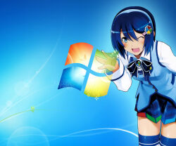  blue_background blue_eyes blue_hair blue_jacket blue_skirt clover clover_hair_ornament dress frutiger_aero hair_ornament headband jacket madobe_nanami microsoft_windows non-web_source ribbon school_uniform skirt white_dress windows_7 zettai_ryouiki 