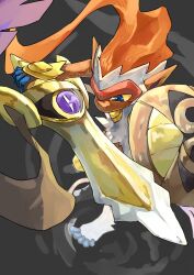 aegislash asymmetrical_dual_wielding blue_eyes colored_sclera dual_wielding fiery_hair fire full_body highres holding holding_shield holding_sword holding_weapon infernape monkey pokemon pokemon_(creature) sake_maguro shield sword weapon yellow_sclera 