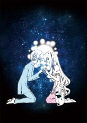  1boy 1girl bad_link barefoot beth_(chaos;child) blue_jacket blue_pants chaos;child chaos;child:_children&#039;s_collapse child closed_eyes dress holding_hands jacket jake_(chaos;child) kneeling monochrome official_art onsinf2 pajamas pants pink_dress science_adventure 