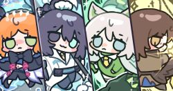  2boys 2girls arknights black_eyes black_hair blue_eyes brown_eyes brown_hair chibi commentary cosplay crossover faust_(project_moon) green_eyes gregor_(project_moon) heterochromia highres hong_lu_(project_moon) ishmael_(project_moon) kal&#039;tsit_(arknights) kal&#039;tsit_(arknights)_(cosplay) kuaengku limbus_company ling_(arknights) ling_(arknights)_(cosplay) mlynar_(arknights) mlynar_(arknights)_(cosplay) multiple_boys multiple_girls orange_hair project_moon skadi_(arknights) skadi_(arknights)_(cosplay) symbol-only_commentary white_hair 