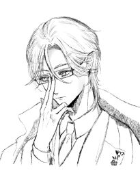  1boy adjusting_eyewear bespectacled blazer closed_mouth coat coat_on_shoulders collared_jacket collared_shirt commentary_request cropped_torso elf expressionless eyelashes fingernails floral_print glasses greyscale hair_between_eyes jacket kohanai_setsuna lapels lips looking_ahead male_focus mercury_(shining_nikki) monochrome necktie nikki_(series) nostrils peaked_lapels pointy_ears rose_print shining_nikki shirt short_hair simple_background solo thick_eyebrows v-neck vest white_background 
