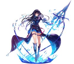  1girl armored_boots belt blue_hair boots closed_mouth forcas full_body hand_to_weapon highres holding holding_polearm holding_weapon long_hair long_sleeves looking_at_viewer miniskirt multicolored_hair official_alternate_costume official_art outstretched_arm phantom_of_the_kill polearm purple_background shibuhiko simple_background skirt sleeves_past_wrists solo spear standing thigh_strap thighs third-party_source transparent_background two-tone_hair violet_eyes weapon whip 