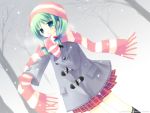  beanie coat duplicate garden_(galge) green_eyes green_hair hat highres mittens sakurazawa_izumi scarf skirt snow striped striped_scarf tree winter 