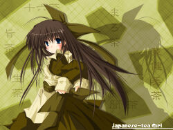  1girl 2000s_(style) abstract_background apron archived_source arms_behind_back back_bow bad_link blue_eyes blush bow brown_hair closed_mouth cowlick dress english_text frilled_apron frills from_side green_background green_bow green_dress green_ribbon green_theme juliet_sleeves large_bow large_ribbon long_hair long_sleeves looking_at_viewer maid_apron original puffy_sleeves ribbon shadow shinkichi_(usadama) sleeve_cuffs solo straight_hair translation_request tying very_long_hair waist_bow yellow_apron yellow_sleeve_cuffs 