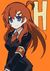  1girl ahoge armband black_jacket black_pants blue_eyes brown_armband brown_hair brown_necktie collared_shirt hair_ornament hairclip highres hod_(project_moon) jacket kotori_trinity lobotomy_corporation long_hair long_sleeves looking_at_viewer necktie orange_background pants project_moon shirt simple_background solo upper_body white_shirt 