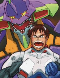 1990s_(style) 1boy armor brown_hair clenched_hand eva_01 evangelion_(mecha) hand_up highres ikari_shinji interface_headset_(evangelion) ishikawa_ken_(style) male_focus mecha mecha_focus mecha_pilot_suit muscular muscular_male neon_genesis_evangelion open_mouth parody plugsuit_(evangelion) purple_armor retro_artstyle robot sharp_teeth short_hair style_parody teeth v-shaped_eyebrows yamanushi yellow_eyes 