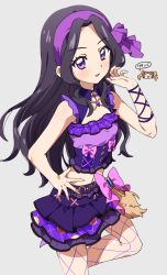  1girl :d aikatsu! aikatsu!_(series) arm_ribbon black_hair blue_gemstone bow bow_skirt chibi chibi_inset commentary_request cowboy_shot cropped_shirt daichi_nono dolldolldd fishnet_pantyhose fishnets forehead frilled_shirt frills gem grey_background hairband hand_on_own_hip hand_up highres idol idol_clothes layered_skirt light_smile long_hair looking_at_viewer midriff navel pantyhose parted_bangs pink_bow purple_hairband purple_ribbon purple_shirt purple_skirt ribbon shirakaba_risa shirt simple_background single_bare_arm skirt smile solo_focus speech_bubble standing standing_on_one_leg straight_hair translated v-shaped_eyebrows violet_eyes 