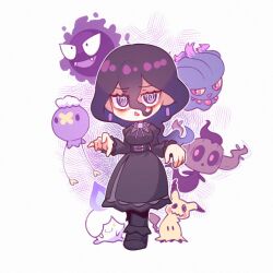  1girl @_@ black_corset black_dress black_hair breasts candle closed_mouth corset dress drifloon earrings fangs fire gastly ghost hair_between_eyes hex_maniac_(pokemon) hex_maniac_(pokemon_legends:_z-a) jewelry large_breasts litwick long_hair looking_at_viewer mimikyu misdreavus neck_ribbon open_mouth phantump pokemon pokemon_(creature) pokemon_legends:_z-a purple_ribbon ribbon sher_(imnotsher) smile violet_eyes yellow_eyes 