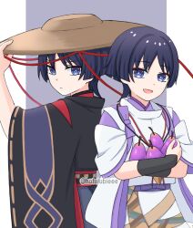 2boys armor black_hair black_kimono black_sleeves blunt_ends border bow brown_hat brown_sash closed_mouth clothing_cutout dual_persona eyeliner eyeshadow food fruit genshin_impact gold_trim grey_background grey_pupils hand_up hat highres holding holding_food holding_fruit hotarubi_(hotarubie) ichimegasa japanese_armor japanese_clothes kariginu kimono kote kurokote kuronushi_(genshin_impact) lavender_melon_(genshin_impact) looking_at_viewer makeup multiple_boys open_mouth pillarboxed purple_bow purple_kimono purple_sash purple_sleeves red_eyeliner red_eyeshadow red_kimono red_sleeves ribbon-trimmed_sleeves ribbon_trim sash scaramouche_(genshin_impact) scaramouche_(kabukimono)_(genshin_impact) short_sleeves shoulder_cutout straw_hat string tasuki tsurime upper_body violet_eyes white_border white_sleeves wide_sleeves wispy_bangs 