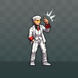  black_eyes black_shirt checkered_background coat dez_sprites full_body hair_slicked_back hand_in_pocket mullet necktie notice_lines open_clothes open_coat pixel_art popped_collar red_necktie shirt smirk snapping_fingers standing tinted_eyewear to_be_hero to_be_hero_x white_coat white_hair x_(symbol) x_(to_be_hero_x) yellow-tinted_eyewear 