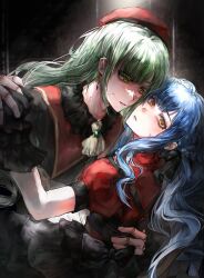  2girls absurdres ascot bang_dream! bang_dream!_it's_mygo!!!!! black_ascot black_capelet black_gloves black_ribbon blue_brooch blue_hair capelet chinese_commentary commentary_request dancing doll_joints earrings gloves green_brooch green_hair hair_ribbon hand_on_another's_back hat highres holding_hands interlocked_fingers jewelry joints lisiqin92746 long_hair long_sleeves looking_at_another looking_at_viewer mortis_(bang_dream!) mortis_(costume)_(bang_dream!) multiple_girls oblivionis_(bang_dream!) parted_lips puffy_short_sleeves puffy_sleeves red_hat red_shirt ribbon shirt short_sleeves sidelocks togawa_sakiko two_side_up wakaba_mutsumi white_ascot yellow_eyes 