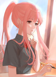  1girl absurdres arm_on_table backlighting bare_arms black_shirt blue_sky blunt_bangs bow bowtie breasts brown_eyes chair charm_(object) classroom closed_mouth collared_shirt commentary_request eyelashes eyeshadow finger_to_own_chin fingernails frown highres holding holding_pen indoors kohanai_setsuna light_particles lipstick long_hair long_sidelocks looking_ahead makeup medium_breasts nikki_(nikki) nikki_(series) on_chair paper paw_print pen pink_eyeshadow pink_hair pink_lips ponytail red_bow red_bowtie school_uniform shining_nikki shirt short_sleeves sidelocks sitting sky solo sunlight thinking twitter_username upper_body wavy_hair window 