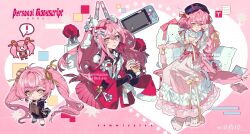  ! 4girls absurdres animal_slippers bag bag_of_chips black_serafuku blunt_bangs braid bunny_slippers chibi chibi_inset chips_(food) collar commission copyright_request cup disembodied_hand disposable_cup dress drink flower food frilled_collar frilled_dress frills hair_flower hair_ornament hair_ribbon hairclip handheld_game_console headphones heart highres holding holding_bag holding_drink kneehighs loafers long_hair looking_to_the_side multiple_girls multiple_persona nightgown open_mouth pillow pink_background pink_hair pink_theme pleated_skirt pom_pom_(clothes) pom_pom_hair_ornament rabbit ribbon rubbing_eyes school_bag school_uniform serafuku shoes shopping_bag sitting skirt sleepy slippers smile socks spoken_exclamation_mark squeans star_(symbol) stuffed_animal stuffed_toy twintails watermark weibo_watermark x_hair_ornament yellow_eyes zuizui 