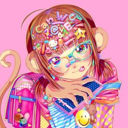  1girl :p animal_ears backpack bandaid bandaid_on_face bandaid_on_nose bead_bracelet beads bracelet brown_hair canihavepromo character_hair_ornament cherry_hair_ornament flower_hair_ornament food-themed_hair_ornament food_themed_hair_ornament glasses hair_beads hair_ornament heart_hair_ornament holding holding_phone keychain long_sleeves looking_at_viewer monkey_ears monkey_girl monkey_tail multicolored_clothes multicolored_eyes multicolored_nails nail_polish original patterned_clothing pill pill_on_tongue pink_background pink_ribbon popsicle rainbow_hair_ornament raver ribbon sanrio short_hair simple_background smiley_face solo star_hair_ornament striped striped_clothes tail tamagotchi teddy_bear tongue tongue_out too_many_hair_ornaments twintails usahana variant_set 