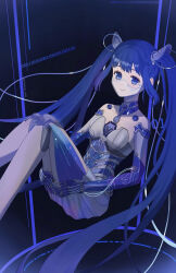  1girl absurdly_long_hair bare_shoulders binary bionic_&amp;_first_light_(shining_nikki) black_background blue_eyes blue_hair cable collarbone cyborg eyelashes feet_out_of_frame floating hair_ornament hands_on_own_thighs happy highres knee_pads kohanai_setsuna long_hair looking_ahead mask mechanical_arms mouth_mask nikki_(series) power_symbol science_fiction see-through_clothes see-through_mask shining_nikki solo twintails very_long_hair white_mask 