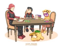 1girl 2boys artist_name black_hair black_vest book book_stack chair character_hood closed_eyes collared_shirt courtney_(pokemon) dated english_text hood hood_up maxie_(pokemon) multiple_boys nomura_(arumon) numel open_book pokemon pokemon_(creature) pokemon_oras purple_hair reading red_hair red_shirt shirt sitting slippers tabitha_(pokemon) table team_magma vest violet_eyes 
