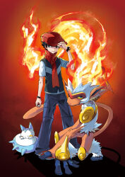  1boy adjusting_clothes adjusting_headwear black_pants black_vest blue_eyes colored_sclera commentary_request fiery_hair fighting_stance full_body hat highres infernape lucas_(pokemon) male_focus pachirisu pants pokemon pokemon_(creature) pokemon_dppt red_hat red_scarf sarusaru_naoto scarf shirt sleeping smile vest white_shirt yellow_sclera 