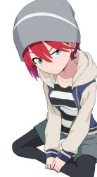  1girl amate_yuzuriha aqua_eyes beanie breasts closed_mouth commentary crossed_legs earrings grey_hat gundam gundam_gquuuuuux hat hood hooded_jacket indian_style jacket jewelry kayabakoro long_sleeves looking_at_viewer pantyhose red_hair shirt short_hair shorts simple_background sitting solo thigh-highs white_background 