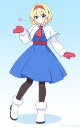  1girl alice_margatroid ascot black_pantyhose blonde_hair blowing_kiss blue_dress blue_eyes blush bnelsey boots capelet commentary dress earmuffs english_commentary full_body fur-trimmed_boots fur-trimmed_sleeves fur_trim heart looking_at_viewer mittens pantyhose red_ascot red_mittens solo touhou twitter_username white_boots white_capelet 