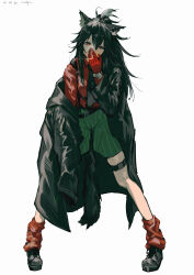 1girl absurdres animal_ears arknights black_coat black_hair black_necktie black_shoes black_tail cigarette coat commentary covered_mouth dated english_commentary full_body gloves green_shorts hair_between_eyes highres leg_warmers long_hair long_sleeves looking_at_viewer messy_hair necktie off_shoulder official_alternate_costume pppmepl red_eyes red_gloves red_leg_warmers red_shirt shirt shoes shorts simple_background smoke smoking solo standing striped_clothes striped_shorts tail texas_(arknights) texas_(willpower)_(arknights) vertical-striped_clothes vertical-striped_shorts watch watch white_background wolf_ears wolf_girl wolf_tail 