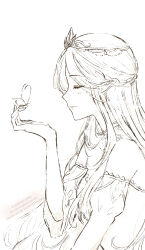  1girl bare_shoulders braid bug butterfly butterfly_on_hand closed_eyes closed_mouth collarbone commentary_request detached_collar detached_sleeves dress elf eyelashes from_side half_up_half_down_braid highres juliet_sleeves kohanai_setsuna lace-trimmed_dress lace-trimmed_sleeves lace_trim light_blush lips long_hair long_sidelocks long_sleeves nikki_(series) ophelia_(shining_nikki) pointy_ears pointy_nose puffy_sleeves shining_nikki sidelocks simple_background smile solo strapless strapless_dress tiara twitter_username upper_body very_long_hair watermark wavy_hair white_background 