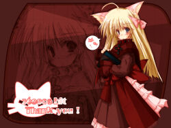  1girl 2000s_(style) abstract_background ahoge animal_ears anime_coloring archived_source back_ribbon bad_link blue_eyes blunt_ends blush bow capelet cat cat_ears cat_girl closed_mouth collar collared_capelet cross dot_nose drop_shadow english_text expressionless fish fork frilled_skirt frills hair_between_eyes hair_bow hatching_(texture) large_ribbon latin_cross linear_hatching long_hair long_skirt long_sleeves looking_at_viewer milestone_celebration original pink_bow pink_skirt projected_inset red_background red_capelet red_sleeves red_theme retro_artstyle scapular shinkichi_(usadama) skirt solo speech_bubble standing straight_hair studded_collar tied_sleeves turtleneck turtleneck_capelet whiskers 