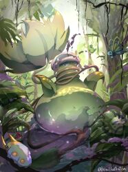  absurdres artist_name beautifly black_eyes bo_(bouillustration) day fangs forest grubbin highres leaf mega_pokemon mega_victreebel mixed-language_commentary motion_blur nature no_humans outdoors plant pokemon pokemon_(creature) pokemon_focus spinarak tree twitter_username venipede victreebel vines watermark 