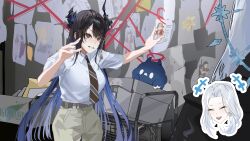  2girls absurdres aerith_gainsborough asymmetrical_horns black_hair black_horns black_necktie blue_hair box breasts cloud_strife collared_shirt colored_inner_hair evidence_board final_fantasy final_fantasy_vii grey_pants highres hololive hololive_english horns indie_virtual_youtuber it&#039;s_always_sunny_in_philadelphia jailbird_(nerissa_ravencroft) large_breasts long_hair meme monarch_(amalee) multicolored_hair multiple_girls necktie nerissa_ravencroft pants paper pepe_silvia_(meme) red_eyes sephiroth shirt shirt_tucked_in thekaiyip tifa_lockhart virtual_youtuber white_hair white_shirt zack_fair 