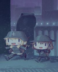  2girls :3 :d absurdres black_eyes blonde_hair blush boots brodie_helmet brown_hair chito_(shoujo_shuumatsu_ryokou) cityscape coat combat_helmet commentary crossover english_commentary fur_trim gloves green_coat green_pants grey_helmet gun gun_on_back hair_ornament helmet hidamari_sketch highres holding_strap kurohanenone looking_at_viewer medium_hair military_uniform miyako_(hidamari_sketch) multiple_girls nuko_(shoujo_shuumatsu_ryokou) nyanta_(hidamari) open_mouth outdoors outstretched_arms pants ponytail short_hair shoujo_shuumatsu_ryokou smile snow snowflakes snowing stahlhelm weapon weapon_on_back wide_face x_hair_ornament yuno_(hidamari_sketch) yuuri_(shoujo_shuumatsu_ryokou) |_| 