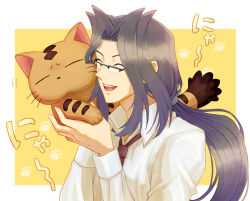  1boy animal_on_shoulder black_hair brown_cat cat cat_on_shoulder closed_eyes collared_shirt daitokuji glasses male_focus moisukii necktie open_mouth pharaoh_(cat) ponytail rectangular_eyewear shirt solo translation_request yu-gi-oh! yu-gi-oh!_gx 