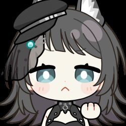  1girl animal_ear_fluff animal_ears animated animated_gif arknights bang_dream! bang_dream!_it&#039;s_mygo!!!!! black_hair blue_eyes blush_stickers chibi chibi_only chunye_haruya closed_mouth dot_nose kemonomimi_mode looking_at_viewer looping_animation lowres medium_hair middle_finger rayman_limbs simple_background solo transparent_background upper_body wolf_ears wolf_girl yahata_umiri yahata_umiri_(moonlight_executioner) 