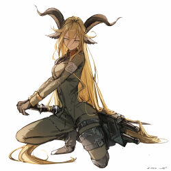  1girl absurdres animal_ears arknights armband bad_feet blonde_hair bright_pupils brown_gloves brown_horns buttons closed_mouth commentary curled_horns dated degenbrecher_(arknights) english_commentary full_body gloves green_jacket green_pants grey_armband hair_between_eyes highres horns jacket kjerag_logo long_bangs long_hair long_sleeves looking_at_viewer multiple_thigh_straps on_one_knee pants pppmepl simple_background solo sword thigh_strap unfinished very_long_hair weapon white_background white_pupils yellow_eyes 