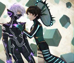  1boy 1girl absurdres artist_name black_bodysuit bodysuit brown_hair celexcity debris from_side gloves green_bodysuit green_gloves hair_ornament hand_on_another&#039;s_chest highres hiromine_yoko light_smile mask mouth_mask official_alternate_costume open_mouth protagonist_(smtv) purple_bodysuit purple_gloves purple_hair red_eyes shin_megami_tensei shin_megami_tensei_v shin_megami_tensei_v:_vengeance short_hair tiara yellow_eyes 