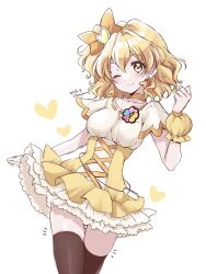  1girl alternate_headwear blonde_hair breasts brown_thighhighs choker clover_ornament cowboy_shot cure_pine dress earrings fresh_precure! hair_ornament heart heart_hair_ornament highres jewelry magical_girl medium_breasts okayashi one_eye_closed orange_choker precure short_hair skirt smile solo thigh-highs white_background wrist_cuffs yamabuki_inori yellow_eyes 