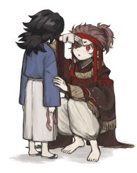  2boys aged_down alternate_costume barefoot black_hair blue_kimono earrings from_behind hanafuda_earrings highres japanese_clothes jewelry kamado_tanjirou kimetsu_no_yaiba kimono long_hair magneticfieldh male_focus multiple_boys pants parted_lips ponytail puffy_pants red_eyes red_hair sandals shadow simple_background squatting tomioka_giyuu white_background white_pants 