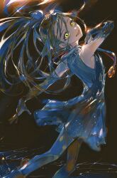  1girl absurdres arched_back black_dress black_gloves black_hair copyright_name dress elbow_gloves evl_1230 feet_out_of_frame gloves glowing glowing_eyes gold_medal head_tilt highres kamisaki_hikaru long_hair looking_at_viewer looking_to_the_side medalist_(manga) pantyhose ponytail smile solo sparkle very_long_hair yellow_eyes 