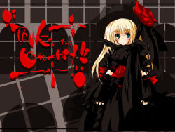  1girl 2000s_(style) abstract_background anime_coloring aqua_eyes archived_source bad_link black_background black_dress black_hat black_ribbon black_sleeves black_theme blonde_hair blush closed_mouth detached_sleeves dot_nose dress english_text expressionless facing_viewer flower hat hat_flower large_ribbon long_dress long_hair looking_to_the_side milestone_celebration original red_flower red_ribbon red_rose ribbon rose shinkichi_(usadama) sleeve_ribbon sleeves_past_wrists solo tied_sleeves 