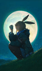  1girl absurdres amiya_(arknights) animal_ears arknights backlighting black_coat brown_hair camera closed_mouth coat commentary_request digital_camera full_moon highres holding holding_camera minccc moon moon_behind_head night night_sky plaid_clothes plaid_skirt rabbit_ears sitting skirt sky smile solo 