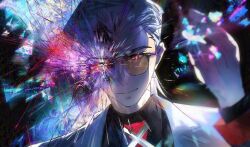  1boy black_shirt blurry blurry_border bokeh broken_glass coat collared_shirt colorful depth_of_field fourth_wall glass glowing glowing_eyes hair_slicked_back highres looking_at_viewer male_focus mullet necktie pcacao red_eyes red_necktie scratches shirt smirk snapping_fingers solo sparkle tinted_eyewear to_be_hero to_be_hero_x white_coat white_hair x_(symbol) x_(to_be_hero_x) yellow-tinted_eyewear 