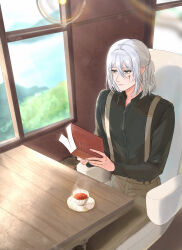  1boy black_shirt blue_sky book brown_pants buttons chair closed_mouth clouds cross cross_facial_mark cup day denim dress_shirt facial_mark feet_out_of_frame fingernails grey_eyes hair_between_eyes happy highres holding holding_book indoors jeans kohanai_setsuna leonid_(shining_nikki) light_particles lips long_sleeves looking_ahead male_focus marking_on_cheek medium_hair nikki_(series) on_chair pants pocket pointy_nose ponytail saucer shining_nikki shirt sitting sky smile solo steam suitcase sunlight suspenders tea teacup tree white_hair window 