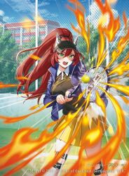  1girl 2025 ball black_shirt black_visor blue_jacket blue_sky building chain-link_fence clouds cloudy_sky copyright_notice dragon_musume_ni_naritakunai! duel_masters fence fire green_eyes high_ponytail highres holding holding_tennis_racket jacket jurako_ljuba knee_pads long_hair niwachichi_(maekawasan) official_art open_clothes open_jacket open_mouth outdoors pleated_skirt ponytail racket red_hair shirt skirt sky solo sportswear teeth tennis_ball tennis_court tennis_racket tree upper_teeth_only visor_cap yellow_skirt 