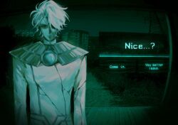  1boy blank_stare bodysuit brooch capelet cityscape cracked_clothes cracked_skin dialogue_box dialogue_options english_text green_theme jewelry looking_at_viewer male_focus nice_(to_be_hero_x) no_i&#039;m_not_a_human pao_fu226 porch serious short_hair solo to_be_hero to_be_hero_x white_hair 