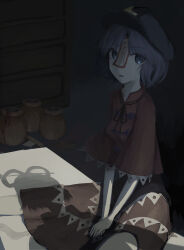  1girl absurdres black_hat black_ribbon blue_eyes blue_hair brown_skirt chinese_clothes colored_skin commentary_request cowboy_shot drawer expressionless grey_skin hat hat_ornament highres indoors jiangshi kaku_seiga kouten looking_at_viewer miyako_yoshika neck_ribbon newsboy_cap ofuda open_mouth red_shirt ribbon shadow shirt short_sleeves sitting skirt solo star_(symbol) star_hat_ornament storage_pot tangzhuang touhou 
