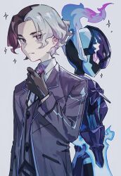  1boy amethio_(pokemon) bright_pupils ceruledge closed_mouth collared_shirt commentary_request copituji gloves hand_up highres jacket long_sleeves looking_at_viewer male_focus multicolored_hair pokemon pokemon_(anime) pokemon_(creature) pokemon_horizons shirt short_hair sparkle vest violet_eyes white_background 