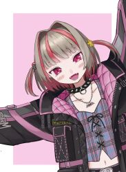  1girl :d arm_up belt belt_buckle black_belt black_collar black_jacket blunt_bangs blush border buckle caution chain chain_necklace clothes_writing collar collarbone colored_inner_hair crop_top cross-laced_clothes cross-laced_top dutch_angle ear_cuffs fangs grey_hair hair_bobbles hair_intakes hair_ornament highres jacket jewelry looking_at_viewer makaino_ririmu makaino_ririmu_(6th_costume) midriff multicolored_hair navel necklace nijisanji no_headwear open_clothes open_jacket outside_border outstretched_arms pendant pink_background pink_hair pink_jacket plaid_clothes pointy_ears red_eyes rei_men short_hair smile solo spiked_collar spikes star_(symbol) streaked_hair two-sided_fabric two-sided_jacket two_side_up unbuttoned unzipped upper_body virtual_youtuber white_border wolf_cut zipper_top 