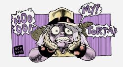  amethyst_(steven_universe) cosplay english_commentary english_text gloves hands_on_own_face hat jojo_no_kimyou_na_bouken joseph_joestar joseph_joestar_(old) joseph_joestar_(old)_(cosplay) oca-world purple_background screaming shirt short_hair speech_bubble steven_universe t-shirt tagme white_hair 
