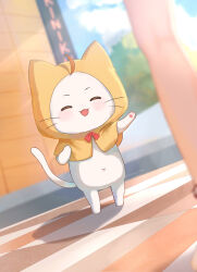  1girl ^_^ ahoge animal animal_focus bare_legs blue_sky building bush cat cloak closed_eyes clothed_animal clouds day dutch_angle ear_covers happy highres hood hood_up hooded_cloak kohanai_setsuna light_blush momo_(nikki) navel nikki_(nikki) nikki_(series) open_mouth outdoors pawpads shadow shining_nikki sky smile solo_focus tile_floor tiles twitter_username waving whiskers white_cat yellow_cloak 