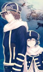 hands_in_pockets jiggy_pepper looking_at_viewer motorcycle pixiv_id_2141663 scarf tegami_bachi two_males uniform zazie_winters